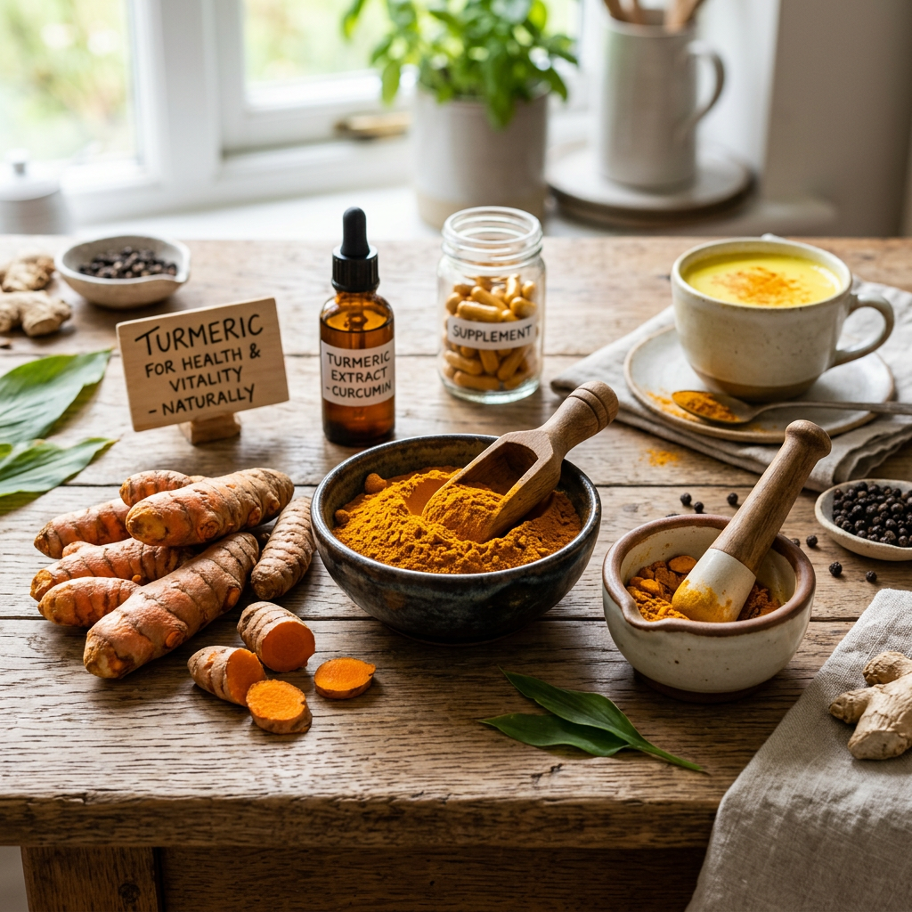 Turmeric roots, turmeric powder in bowls with wooden scoop and mortar, turmeric extract bottle, supplement capsules, and a cup of turmeric latte on wooden table