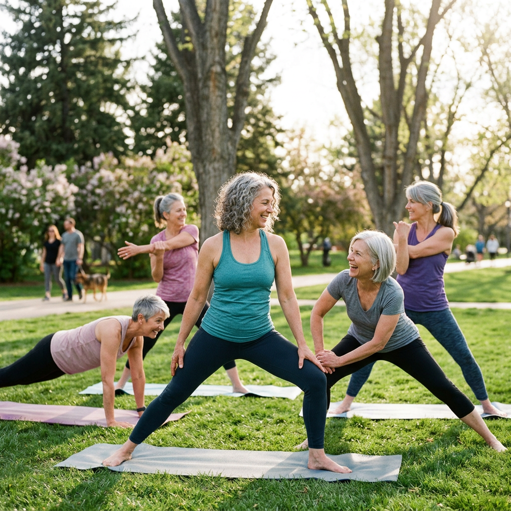 Four women practicing yoga poses on mats in a park with green grass and trees