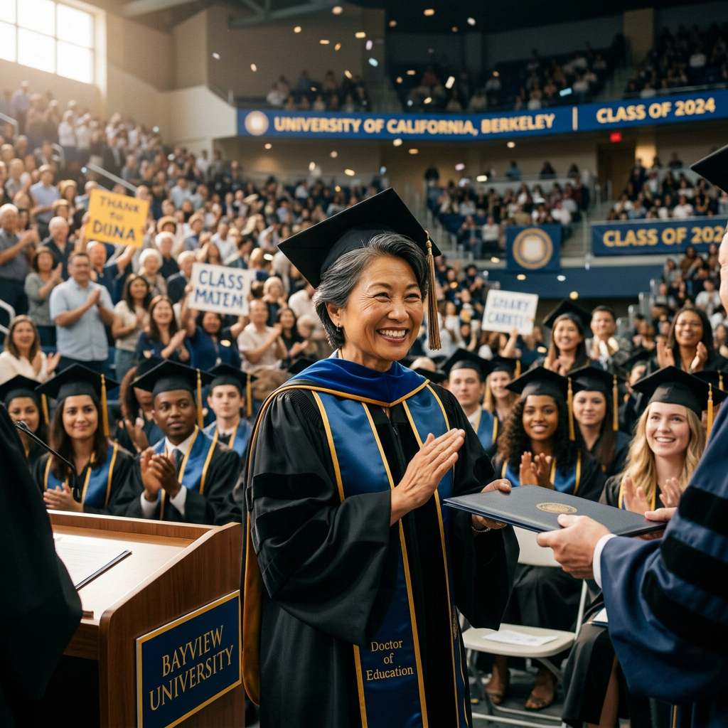 Graduate woman in cap and gown receiving Doctor of Education diploma during ceremony