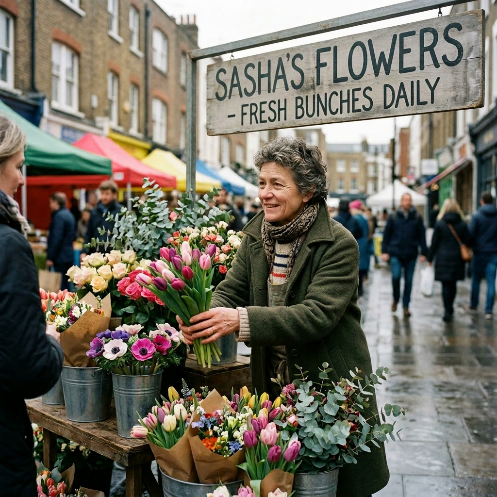Flower vendor handing tulip bouquet to customer at market stall