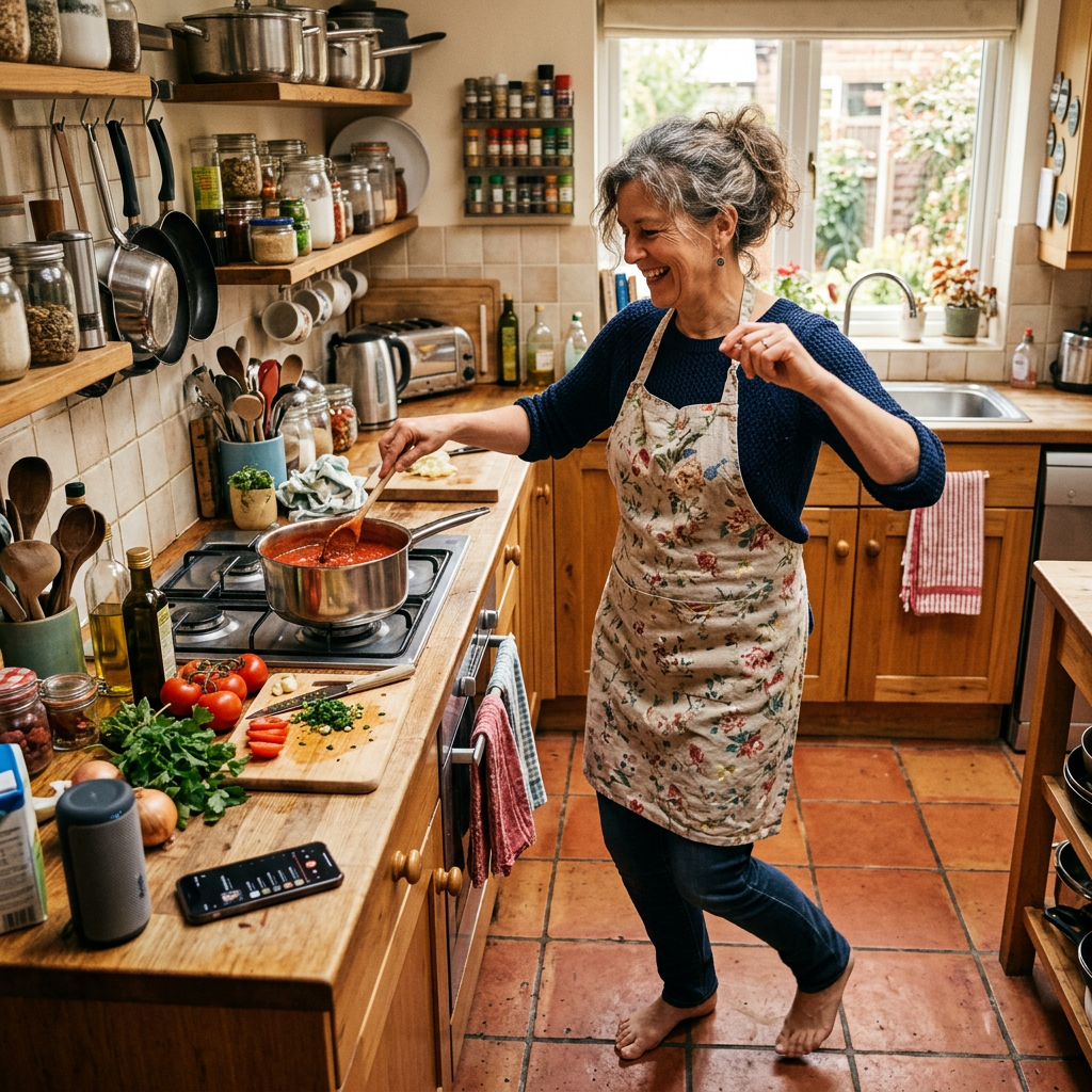 Woman stirring tomato sauce in pot in home kitchen, smiling joyfully