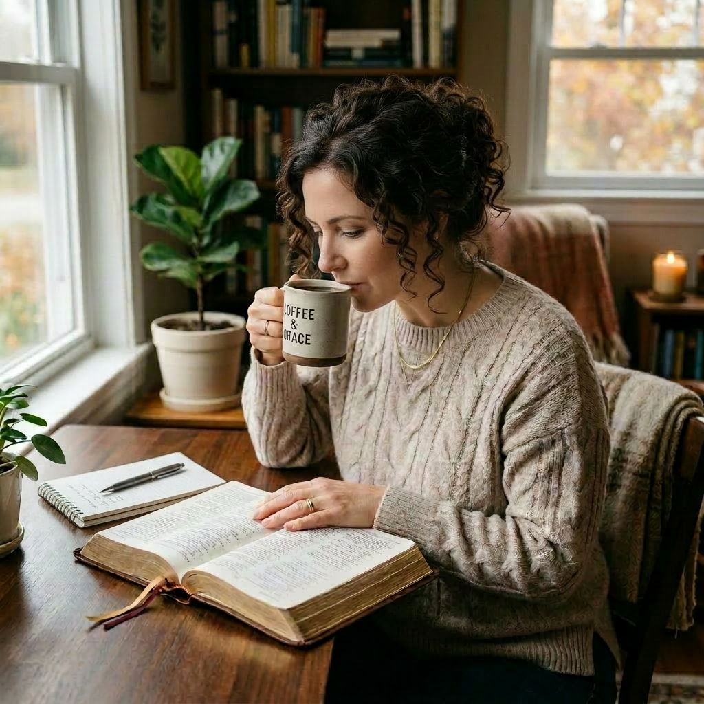 Woman sipping coffee from a mug reading 'COFFEE & GRACE' while reading an open book