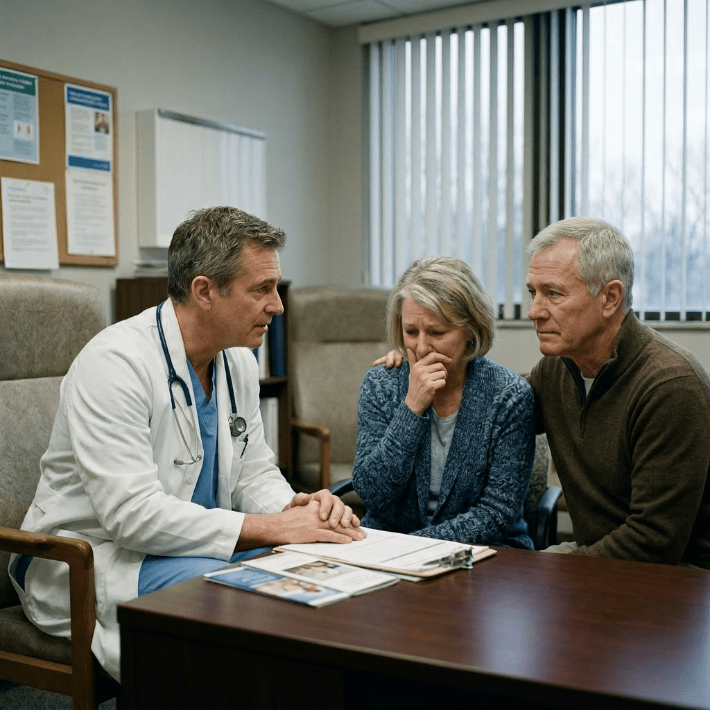 Doctor talking to a distressed couple in a medical office